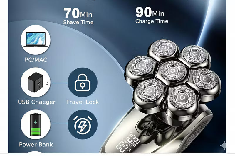 7D Magnetic Head Shaver – 5-in-1 Grooming Kit